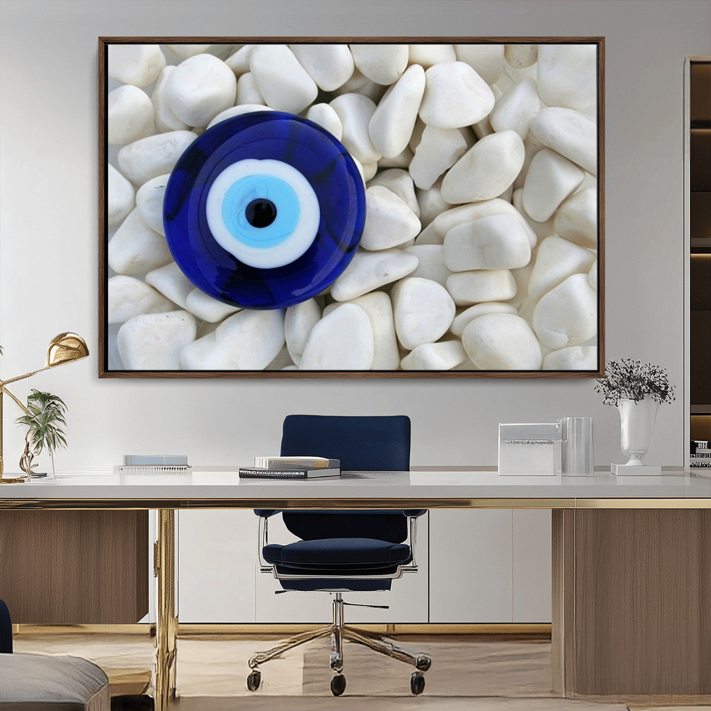48883-MGV-CV-36X24-Evil Eye Wall Art – Deep Blue Symbol of Presence and Calm on White Stones, Subtle Spiritual Decor for Entryway, Studio, Office or