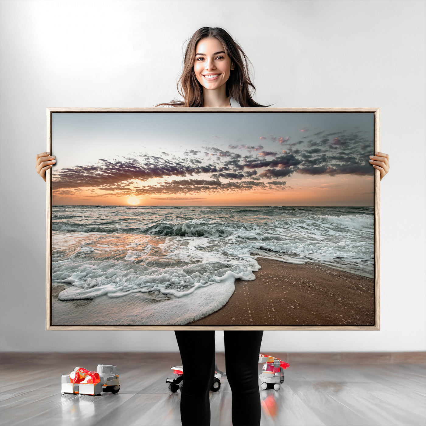 40632752-MGV-CV-36X24-Ocean Sunset Wall Art Canvas Print, Framed Beach Waves Art Picture Print, Coastal Scene Perfect Coastal Decor Artwork