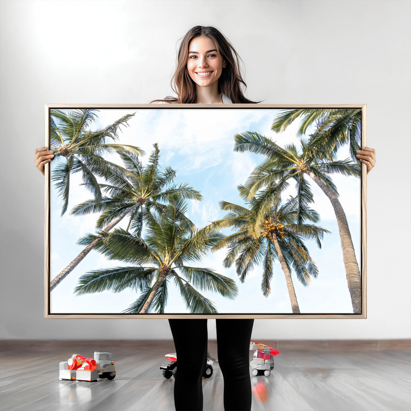 87247012-MGV-CV-36X24-Skyward Palm Trees Wall Art Canvas Print, Framed Tropical Sky Art Picture Print, Coconut Palm Perfect Tropical Skyview Decor