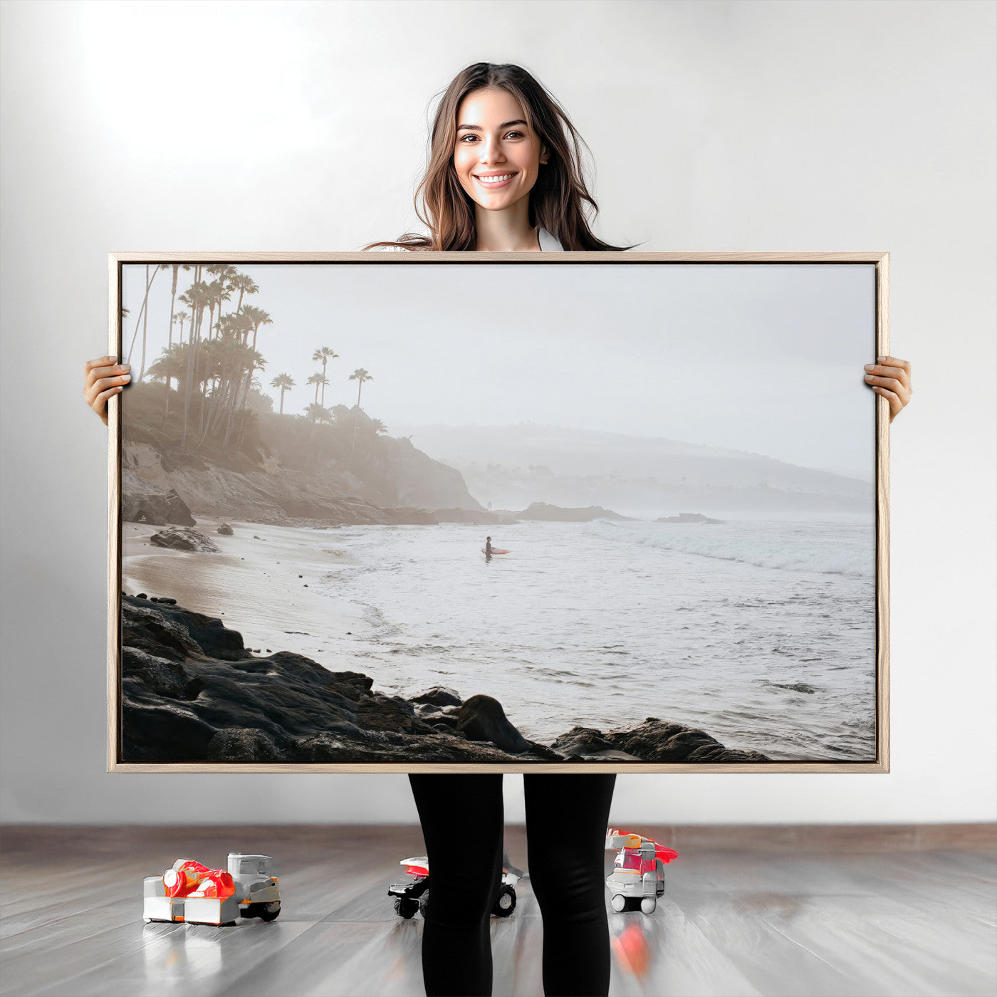62501405-MGV-CV-36X24-Misty Beach Wall Art Canvas Print, Framed California Surfer Art Picture Print, Coastal Cliff Perfect Coastal Beach Decor Artwork