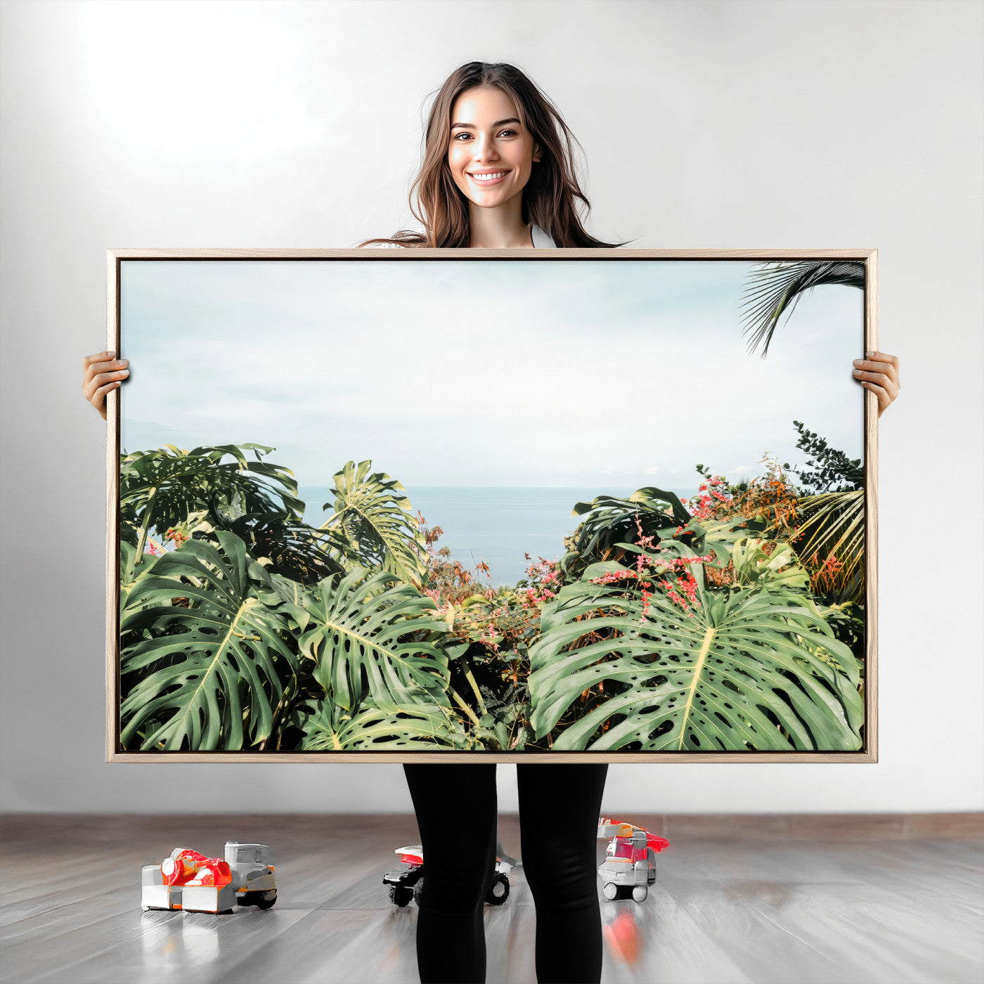 45700479-MGV-CV-36X24-Monstera Leaves Wall Art Canvas Print, Framed Tropical Ocean Art Picture Print, Tropical Foliage Perfect Tropical Coastal Jungle