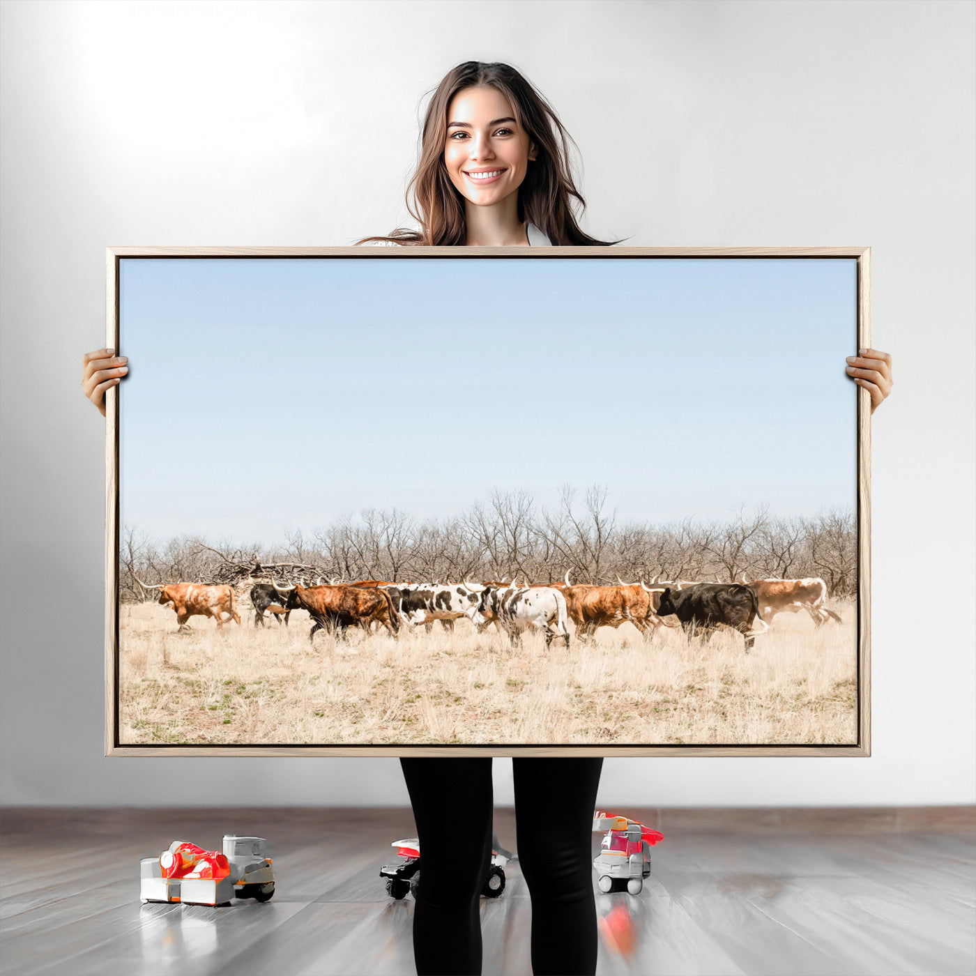 16563092-MGV-CV-36X24-Texas Longhorns Wall Art Canvas Print, Framed Western Cattles Art Picture Print, Rustic Herd Perfect Rustic Farmhouse Decor