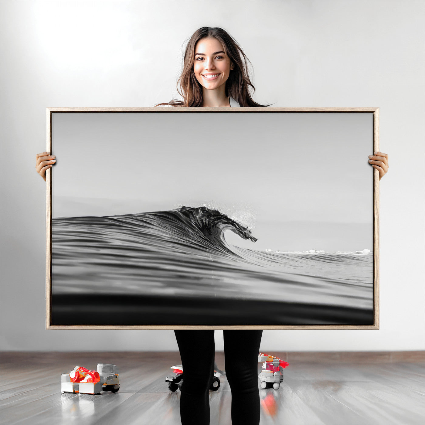 24029476-MGV-CV-36X24-Black Wave Wall Art Canvas Print, Framed Abstract Surf Art Picture Print, Minimalist Ocean Perfect Minimalist Coastal Decor