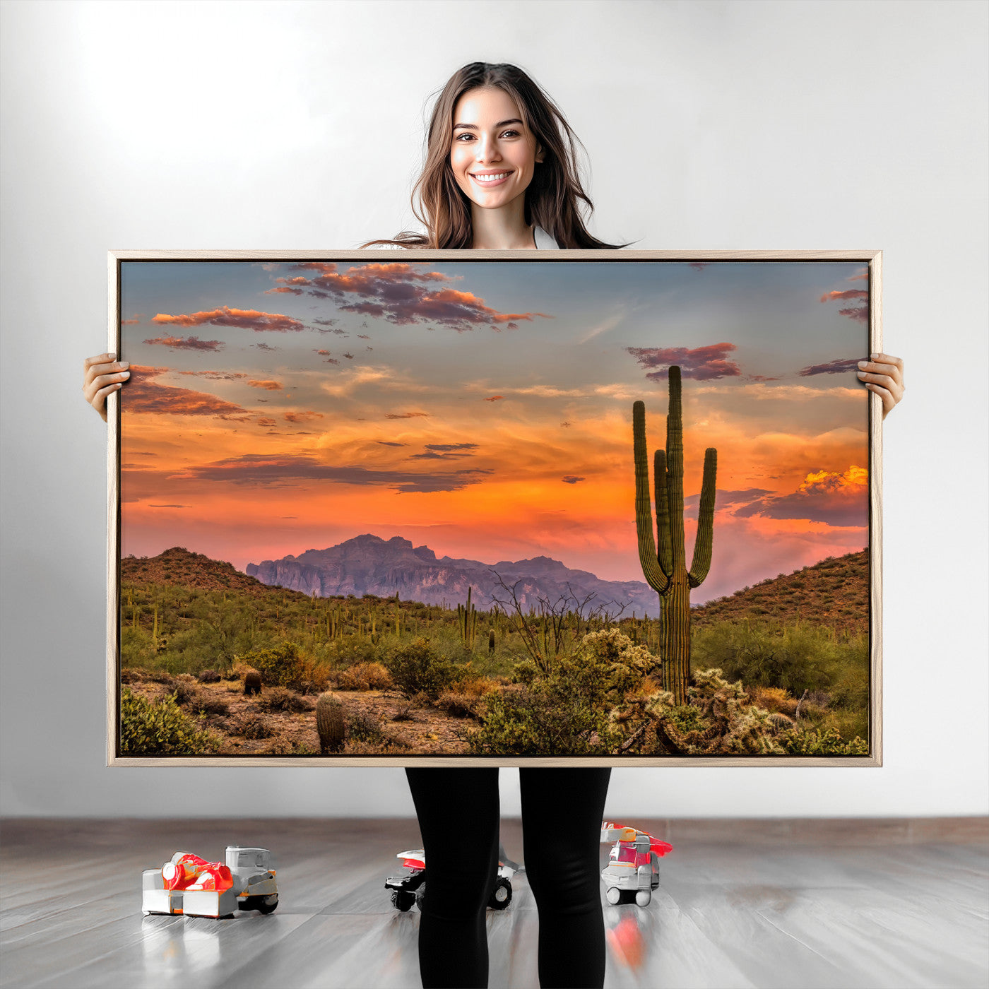25332783-MGV-CV-36X24-Saguaro Cactus Wall Art Canvas Print, Framed Arizona Sunset Art Picture Print, Sonoran Desert Perfect Southwestern Boho Decor
