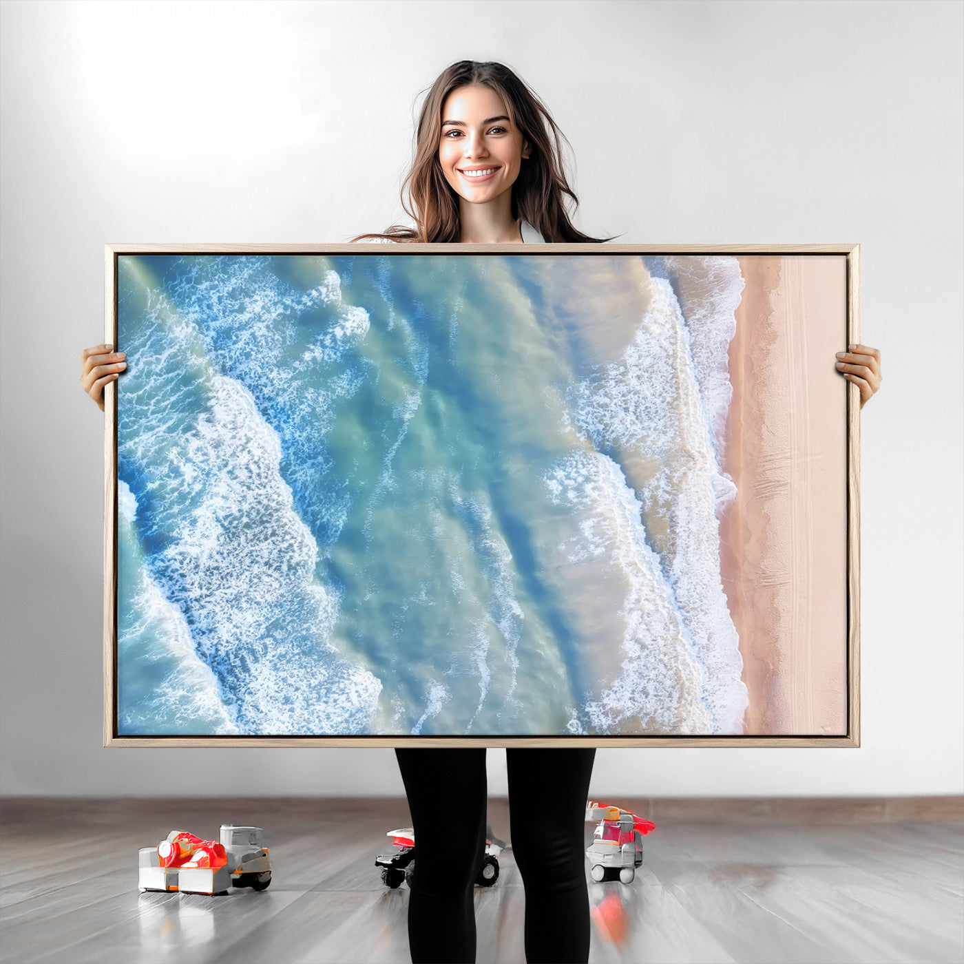 17641845-MGV-CV-36X24-Aerial Ocean Wall Art Canvas Print, Framed Blue Waves Art Picture Print, Sandy Shoreline Perfect Modern Coastal Decor Artwork