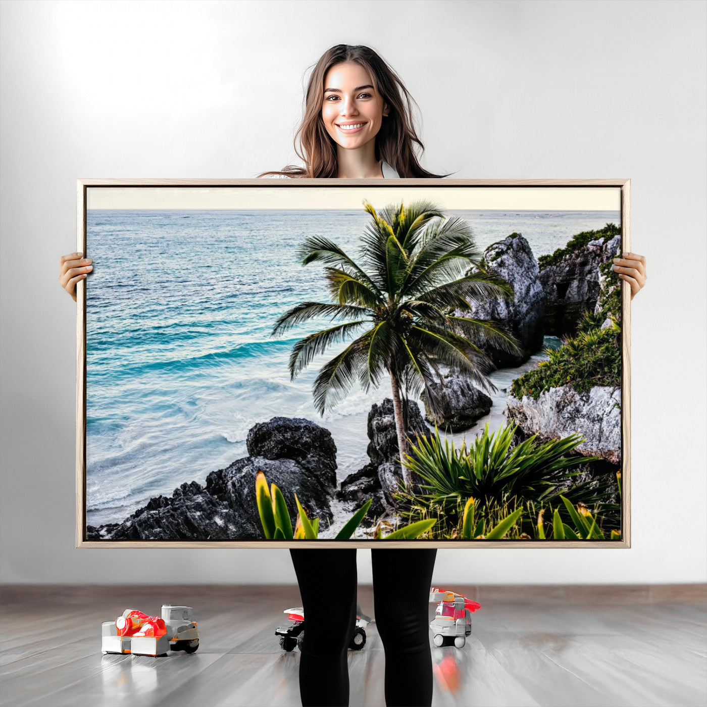 94669907-MGV-CV-36X24-Tropical Coastline Wall Art Canvas Print, Framed Palm Tree Art Picture Print, Rocky Beach Perfect Tropical Coastal Decor Artwork