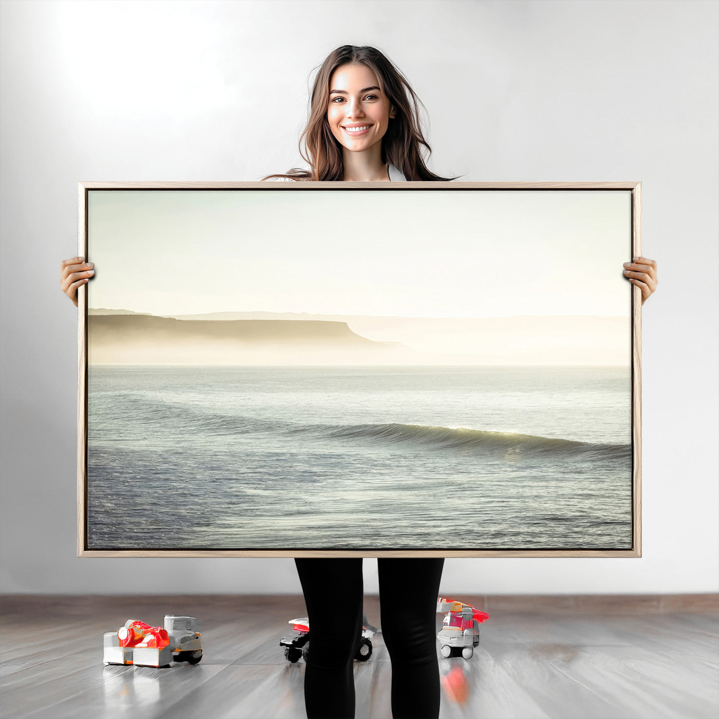 39310633-MGV-CV-36X24-Coastal Cliffs Wall Art Canvas Print, Framed Misty Ocean Art Picture Print, Morning Light Perfect Minimalistic Coastal Decor