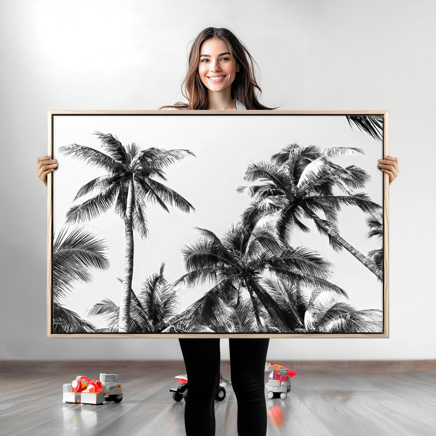46641801-MGV-CV-36X24-Palm Tree Wall Art Canvas Print, Framed Black White Tropics Art Picture Print, Monochrome Palms Perfect Modern Tropical Minimalist