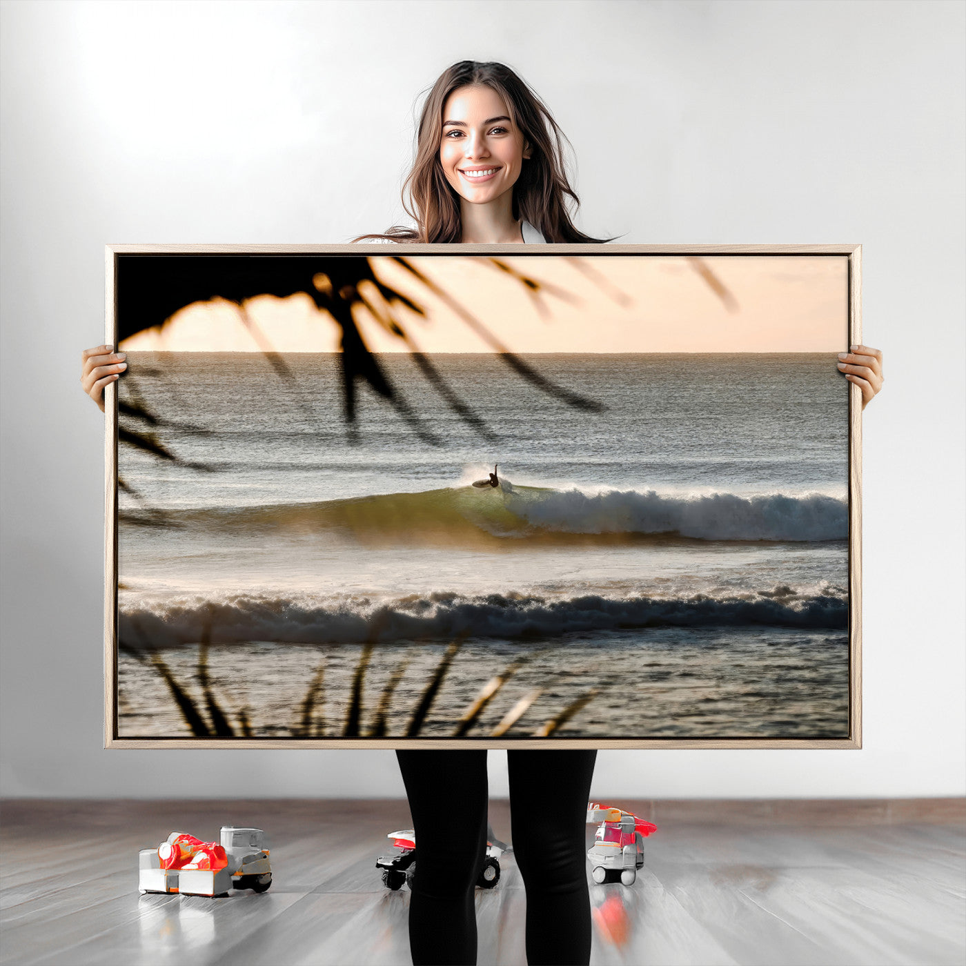 24896468-MGV-CV-36X24-Sunset Surf Wall Art Canvas Print, Framed Golden Waves Art Picture Print, Tropical Ocean Perfect Tropical Boho Decor Artwork