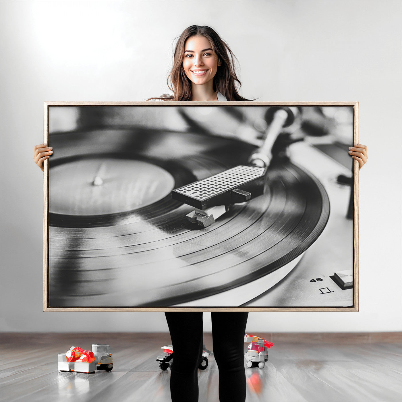 41253898-MGV-CV-36X24-Vinyl Record Wall Art Canvas Print, Framed Turntable Close Art Picture Print, Retro Vibes Perfect Vintage Industrial Decor Artwork