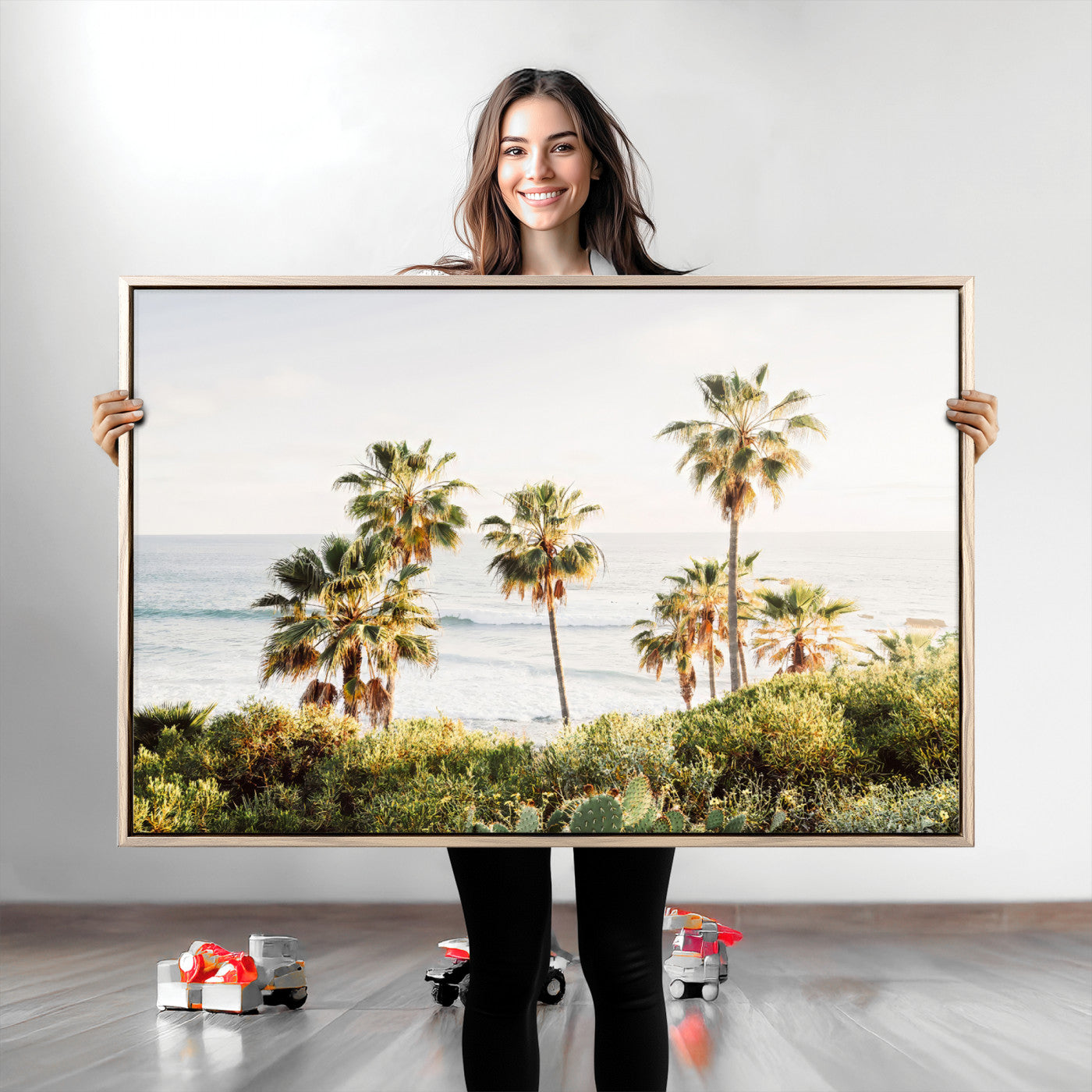 94707294-MGV-CV-36X24-California Coast Wall Art Canvas Print, Framed Palm Trees Art Picture Print, Coastal Landscape Perfect Coastal Minimalist Decor