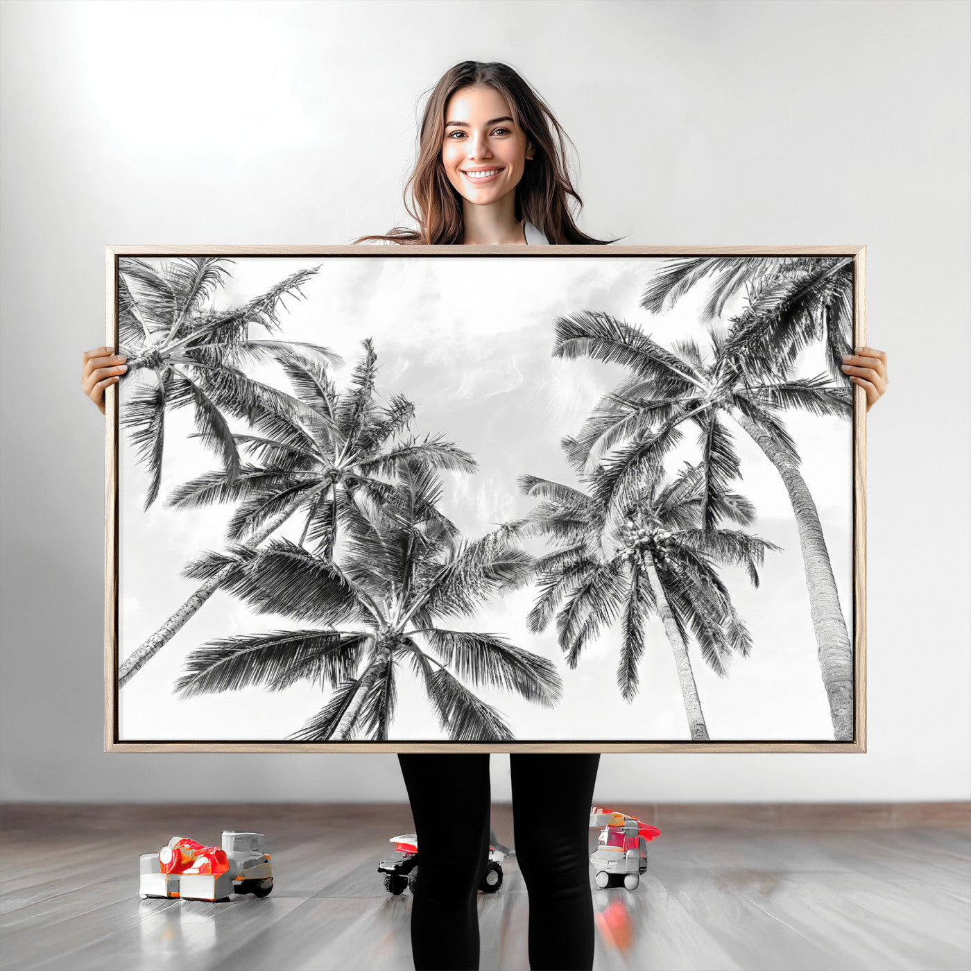 62113786-MGV-CV-36X24-Black White Palm Wall Art Canvas Print, Framed Monochrome Tropics Art Picture Print, Minimalist Beach Perfect Coastal Minimalist