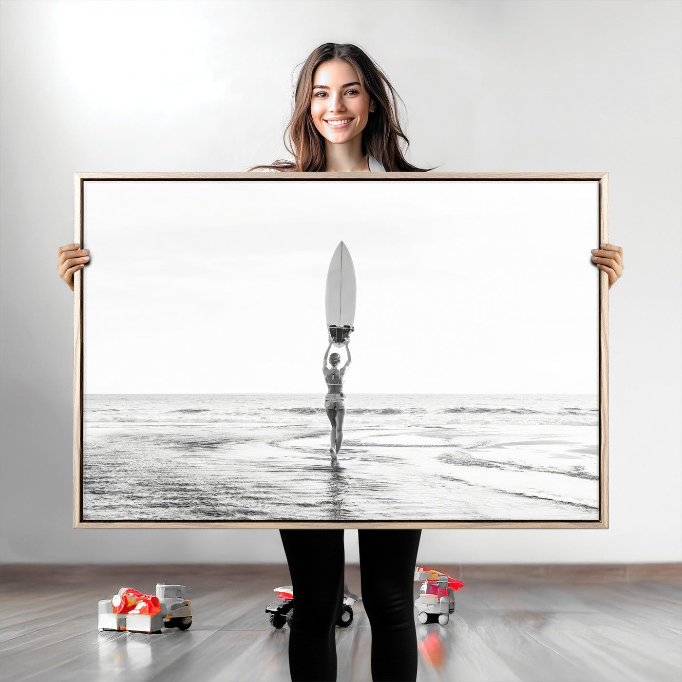 98446901-MGV-CV-36X24-Monochrome Surf Wall Art Canvas Print, Framed Minimalist Surfer Art Picture Print, Surfboard Silhouette Perfect Coastal Minimalist