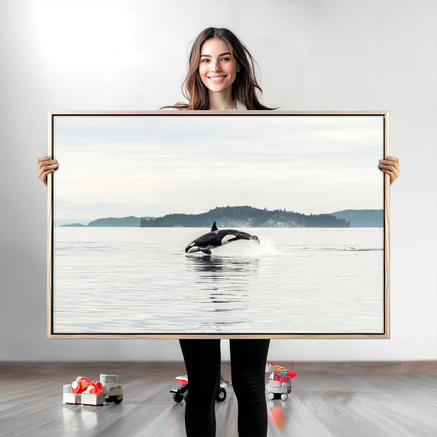 10157174-MGV-CV-36X24-Orca Whale Wall Art Canvas Print, Framed Black White Whale Art Picture Print, Minimalist Ocean Perfect Coastal Minimalist Decor