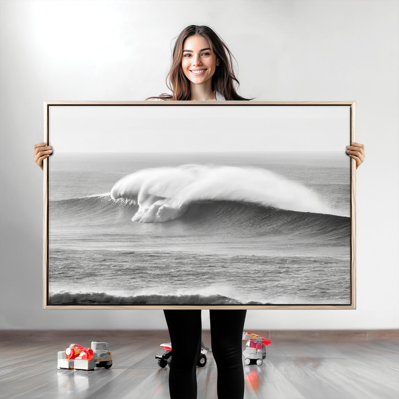 42544082-MGV-CV-36X24-Monochrome Seascape Wall Art Canvas Print, Framed Surf Wave Art Picture Print, Minimalist Ocean Perfect Moody Coastal Decor
