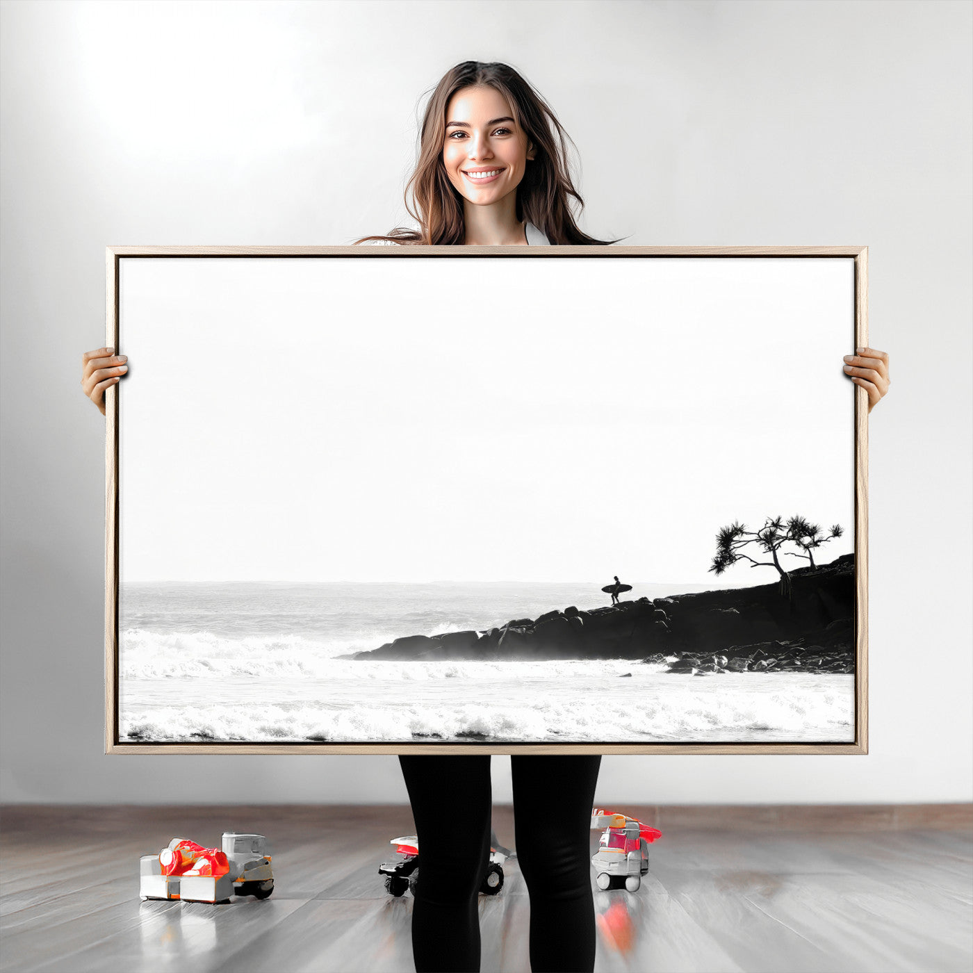 40875891-MGV-CV-36X24-SurferCliffs Wall Art Canvas Print, Framed Black White Beach Art Picture Print, Ocean Waves Perfect Minimalist Coastal Decor