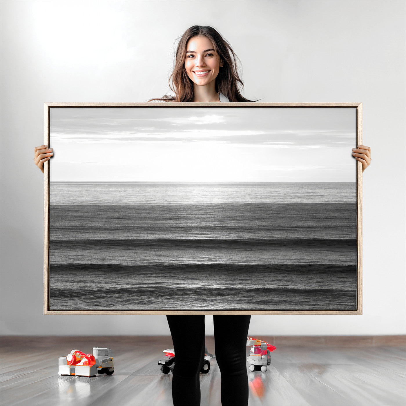 47305203-MGV-CV-36X24-Monochrome Ocean Wall Art Canvas Print, Framed Moody Ocean Art Picture Print, Calm Ocean Perfect Minimalist Coastal Decor Artwork