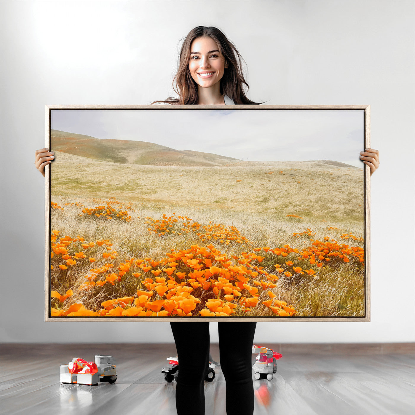 28972262-MGV-CV-36X24-Golden Wildflowers Wall Art Canvas Print, Framed Hills Bloom Art Picture Print, Poppy Meadow Perfect Rustic Nature Decor Artwork