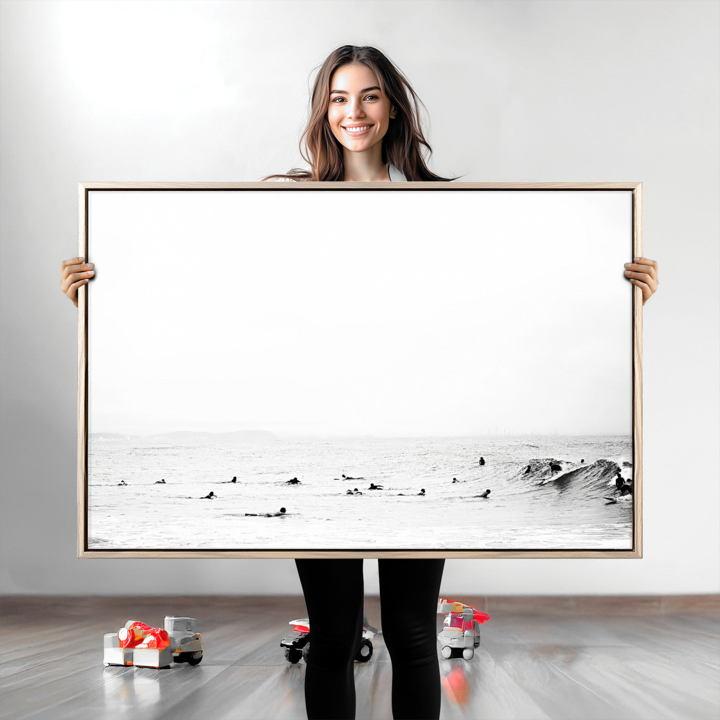 38441169-MGV-CV-36X24-Monochrome Swimming Wall Art Canvas Print, Framed Ocean Horizon Art Picture Print, Moody Coastal Perfect Minimalist Coastal Decor