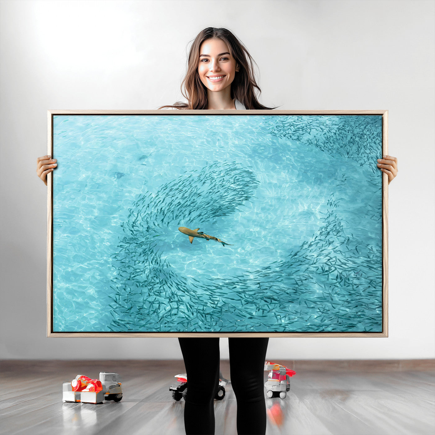 43671474-MGV-CV-36X24-Fish Swarm Wall Art Canvas Print, Framed Marine Life Art Picture Print, Shark Aerial Perfect Wildlife Coastal Decor Artwork