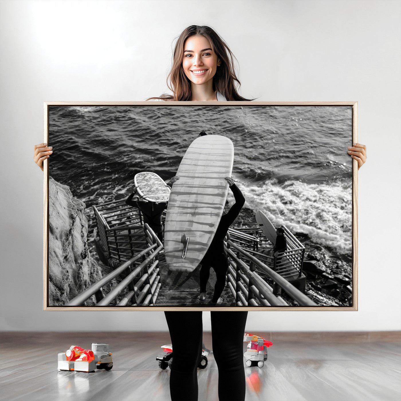 32353707-MGV-CV-36X24-Black White Surfing Wall Art Canvas Print, Framed Coastal Surfing Art Picture Print, Wave Riders Perfect Coastal Adventure Decor