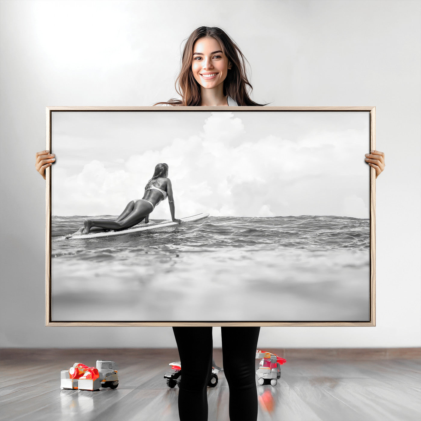 69798068-MGV-CV-36X24-Black White Surfing Wall Art Canvas Print, Framed Ocean Horizon Art Picture Print, Surfer Girl Perfect Coastal Adventure Decor