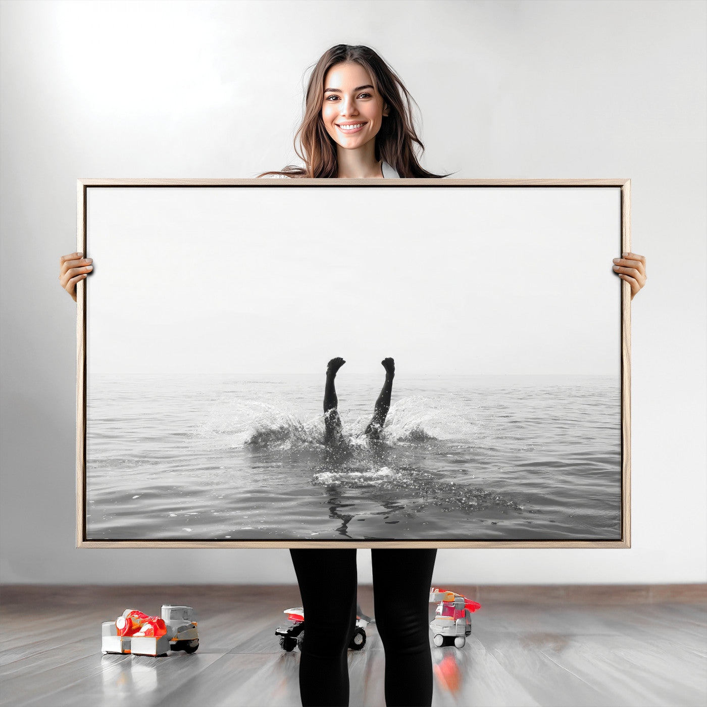 26667396-MGV-CV-36X24-Black White Ocean Wall Art Canvas Print, Framed Monochrome Water Art Picture Print, Diving into Water Perfect Minimalist Aquatic