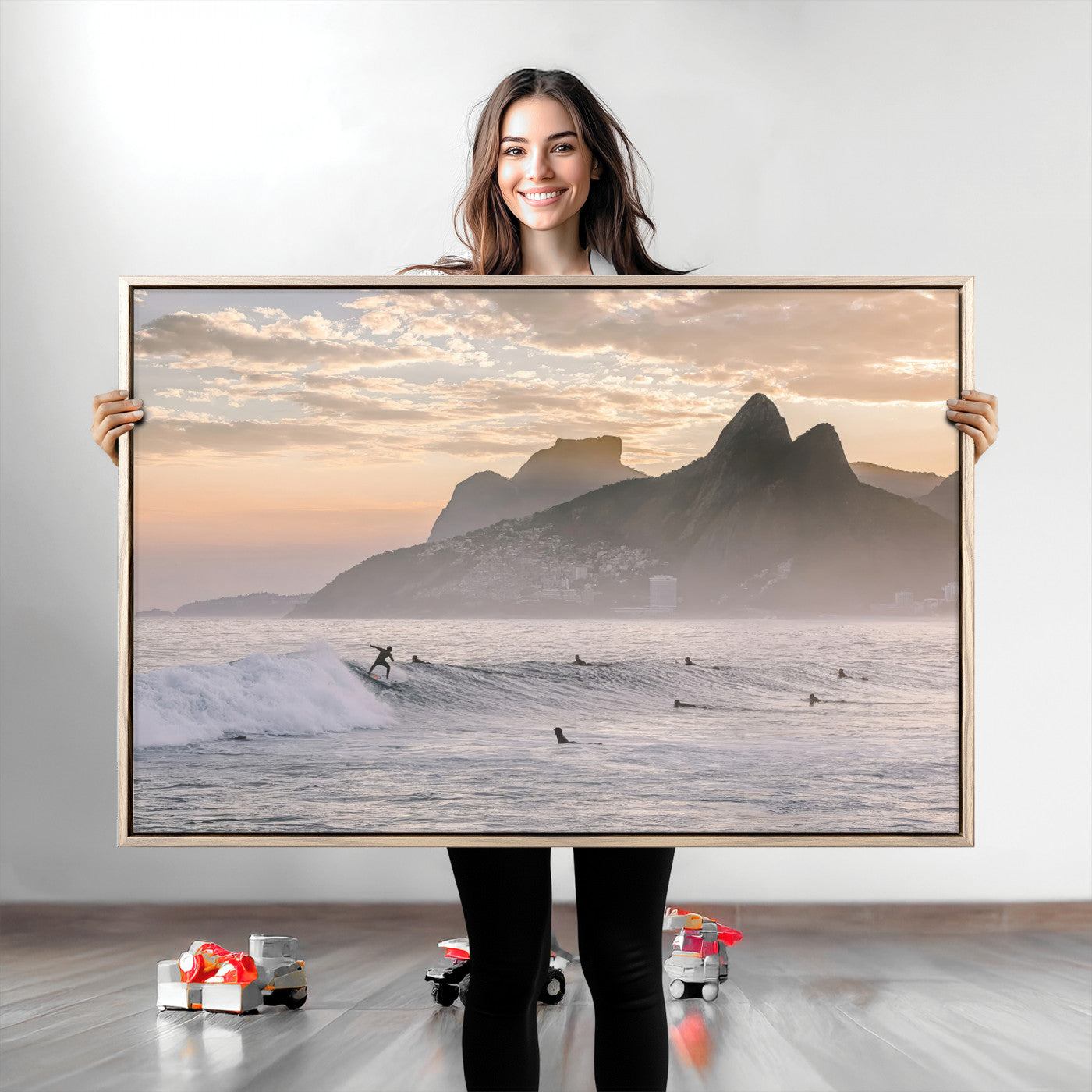 70644906-MGV-CV-36X24-Sunset Surfing Wall Art Canvas Print, Framed Misty Mountains Art Picture Print, Surfer Riding Wave Perfect Coastal Adventure Decor