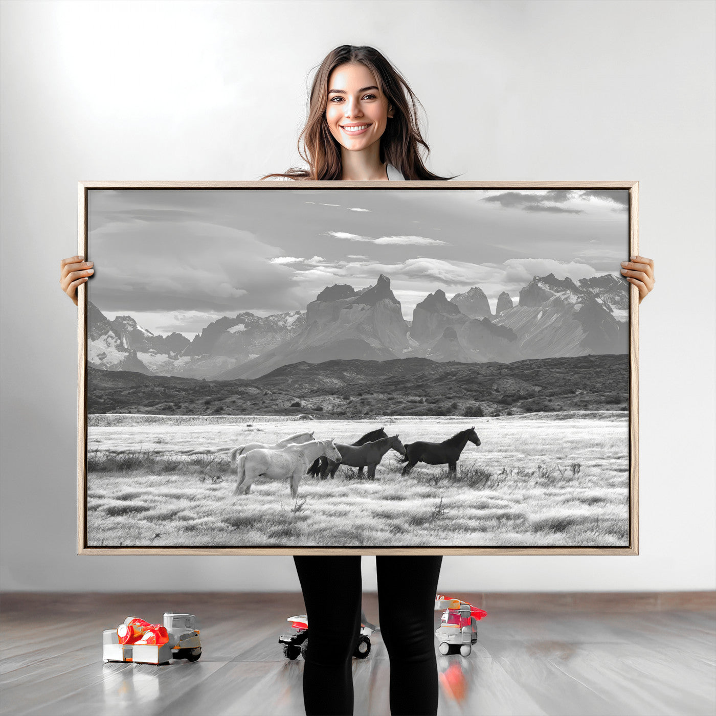 21655040-MGV-CV-36X24-Wild Horses Wall Art Canvas Print, Framed Black White Mountains Art Picture Print, Rustic Countryside Perfect Rustic Western Decor