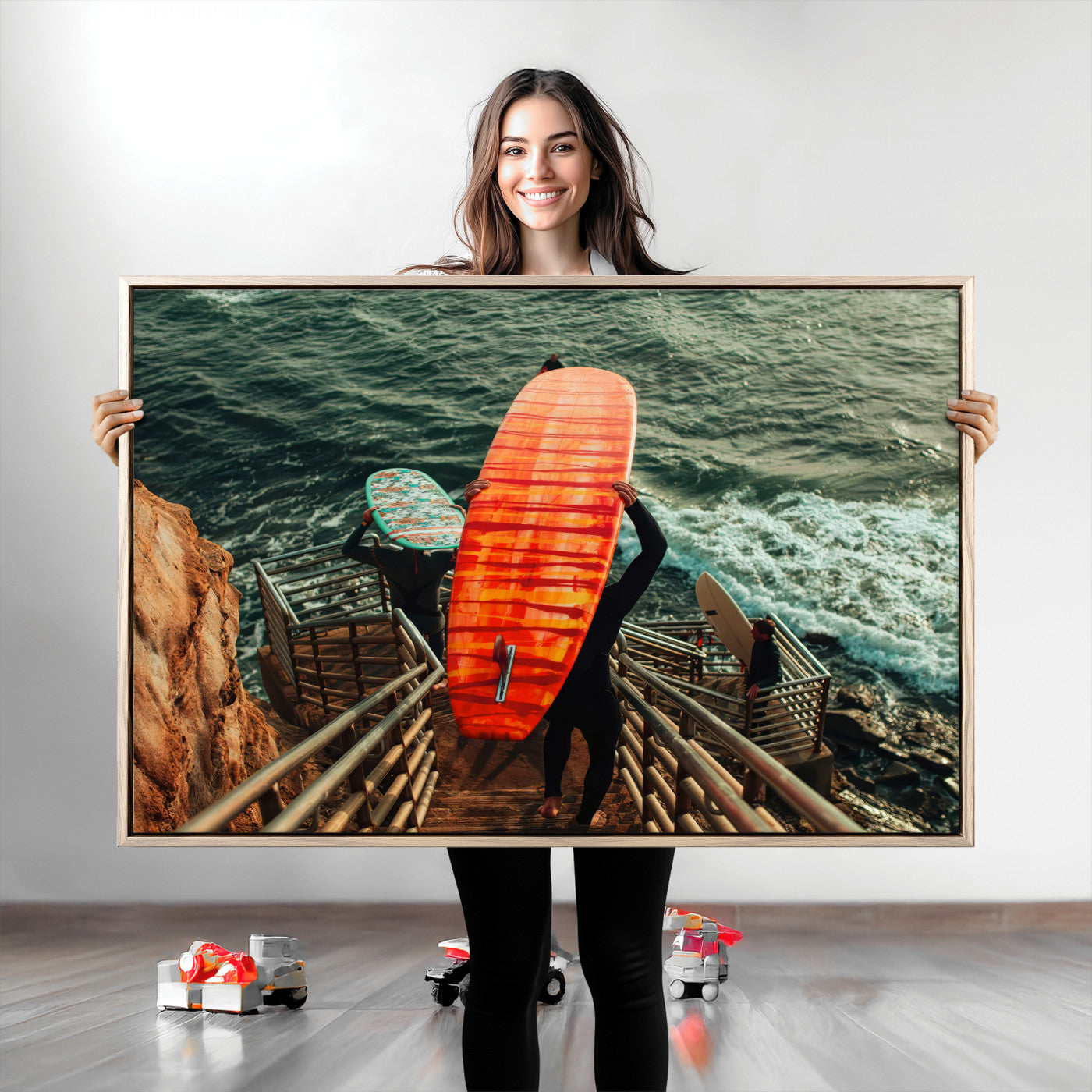 84555848-MGV-CV-36X24-Surfer Stairway Wall Art Canvas Print, Framed Ocean Surf Art Picture Print, Sunset Coastal Perfect Coastal Adventure Decor Artwork