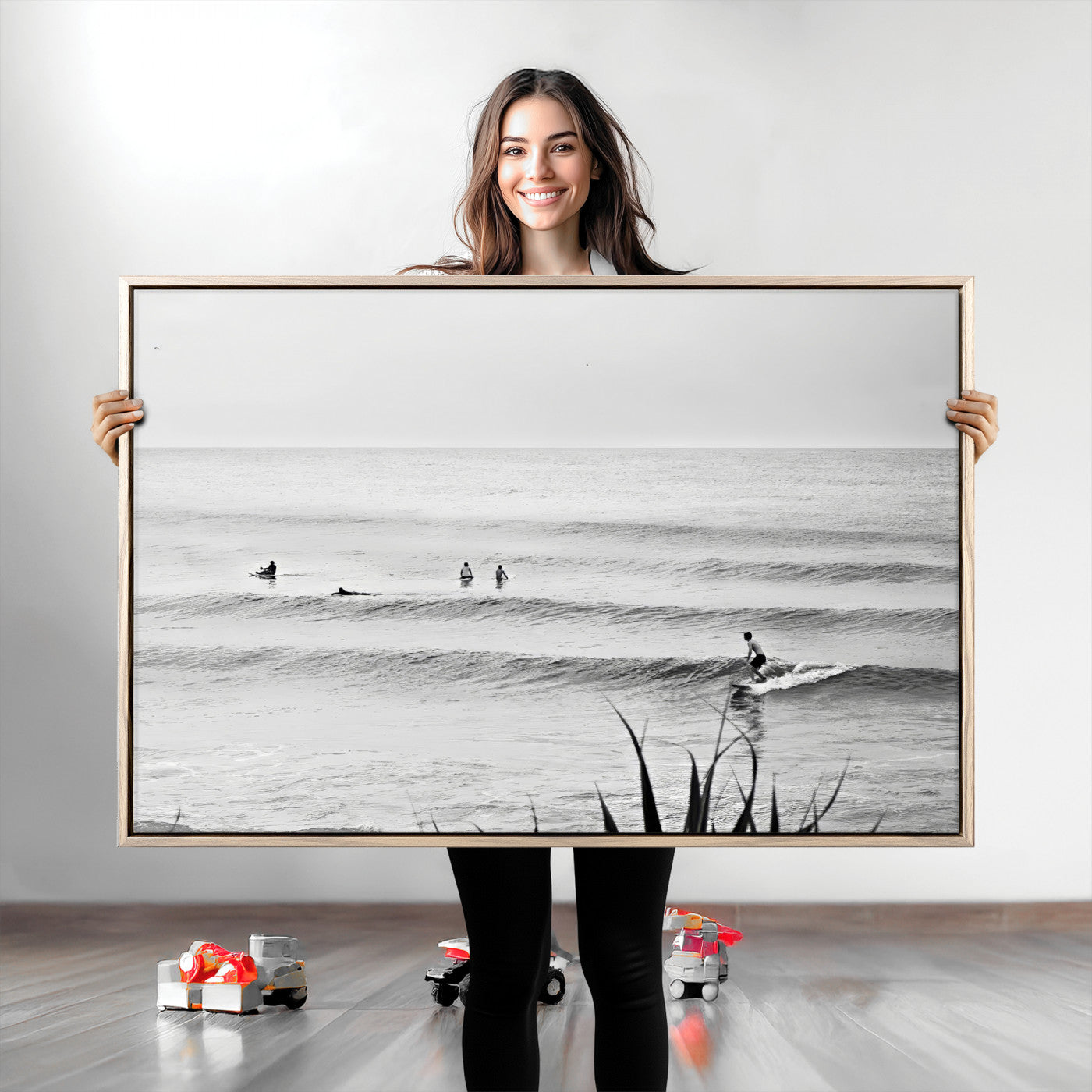 33821421-MGV-CV-36X24-Surfer Silhouette Wall Art Canvas Print, Framed Calm Ocean Art Picture Print, Monochrome Surf Perfect Minimalist Coastal Decor