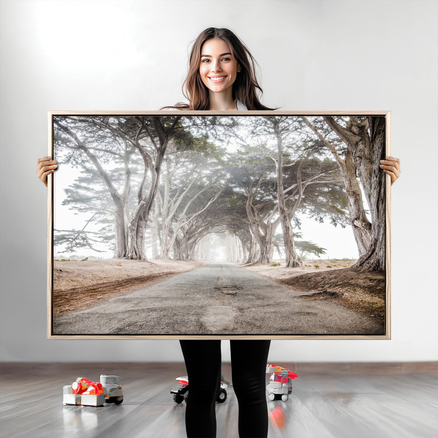 87090469-MGV-CV-36X24-Cypress Tunnel Wall Art Canvas Print, Framed Misty Road Art Picture Print, Foggy Trees Perfect Rustic Woodland Decor Artwork