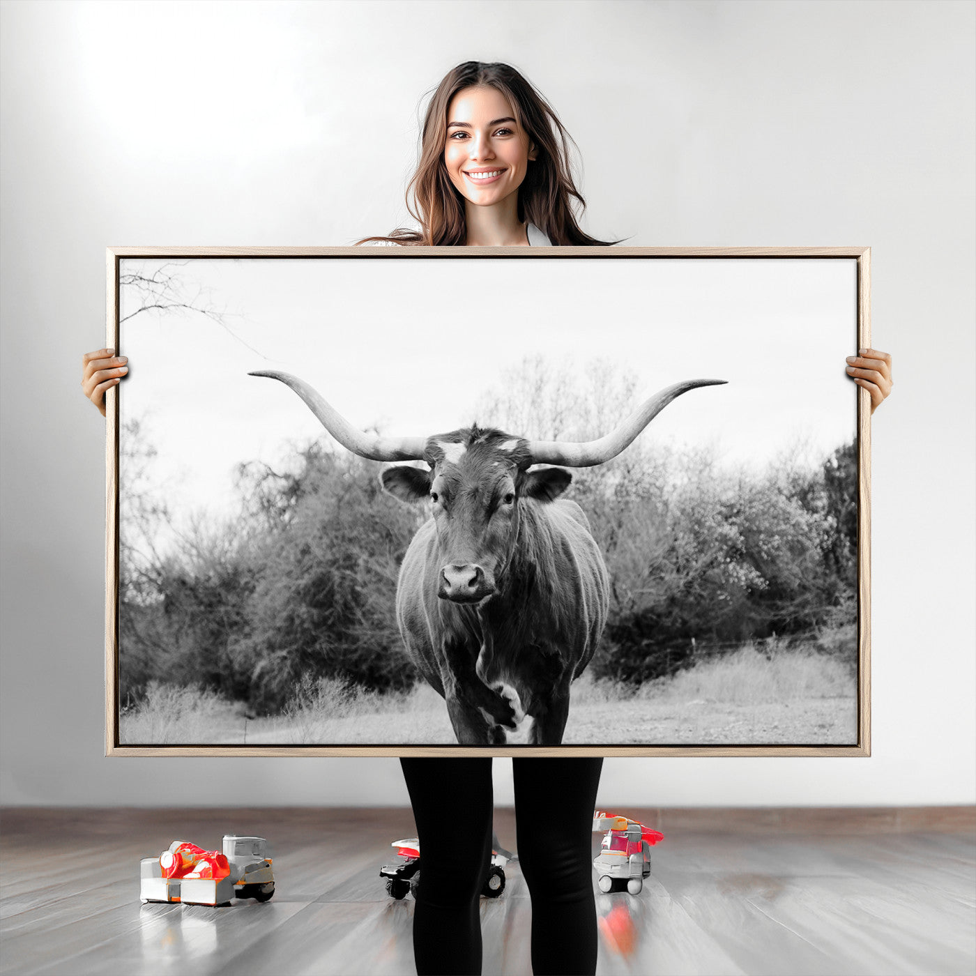 97280319-MGV-CV-36X24-Longhorn Photography Wall Art Canvas Print, Framed Western Cow Decor Art Picture Print, Texas Ranch Style Perfect Rustic Farmhouse