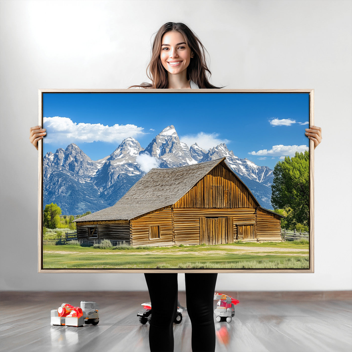 75948467-MGV-CV-36X24-Mountain Barn Scene Wall Art Canvas Print, Framed Rustic Farmhouse Style Art Picture Print, Country Cabin Decor Perfect Rustic