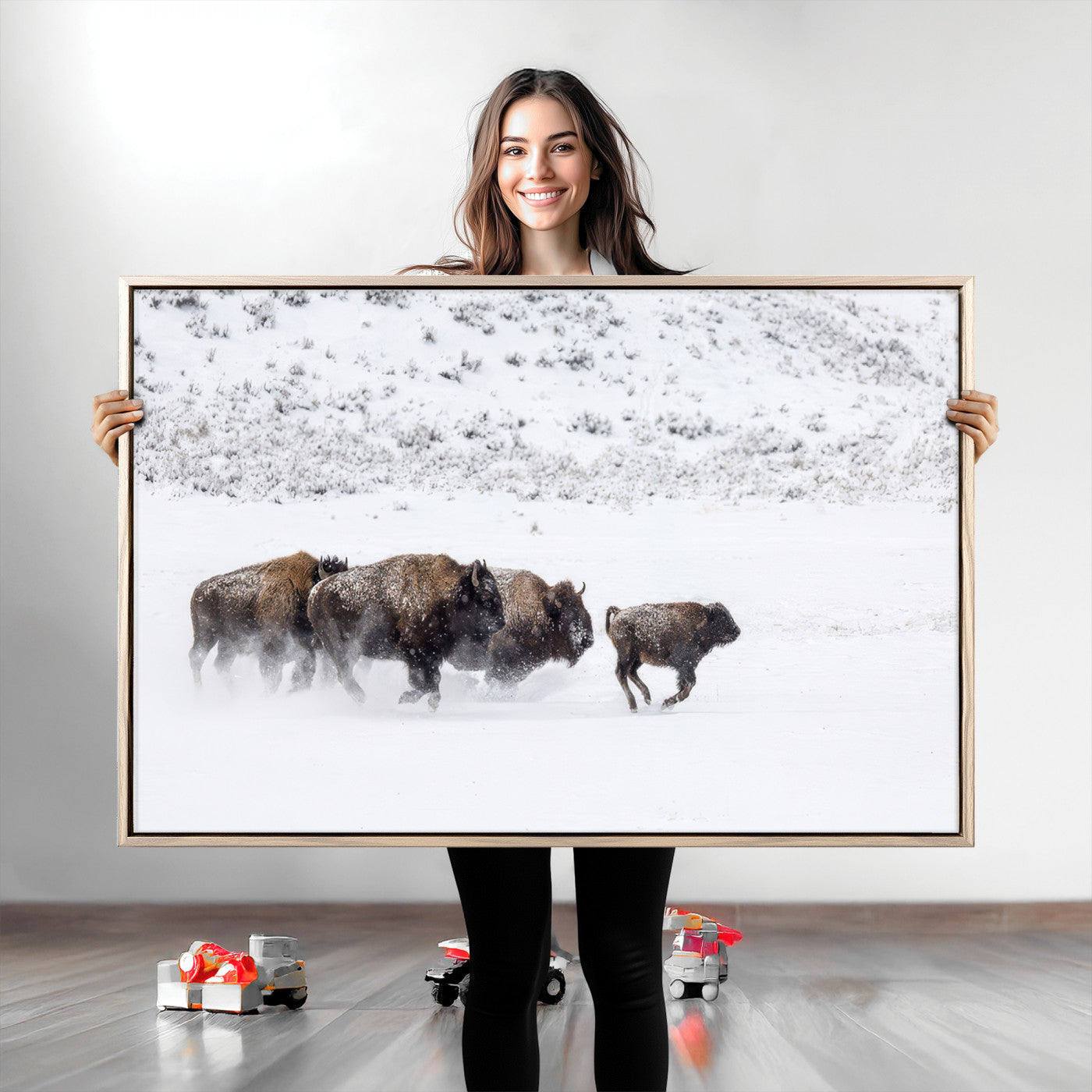56216945-MGV-CV-36X24-Bison Herd Decor Wall Art Canvas Print, Framed Snowy Bison Scene Art Picture Print, Winter Wildlife Theme Perfect Rustic Western
