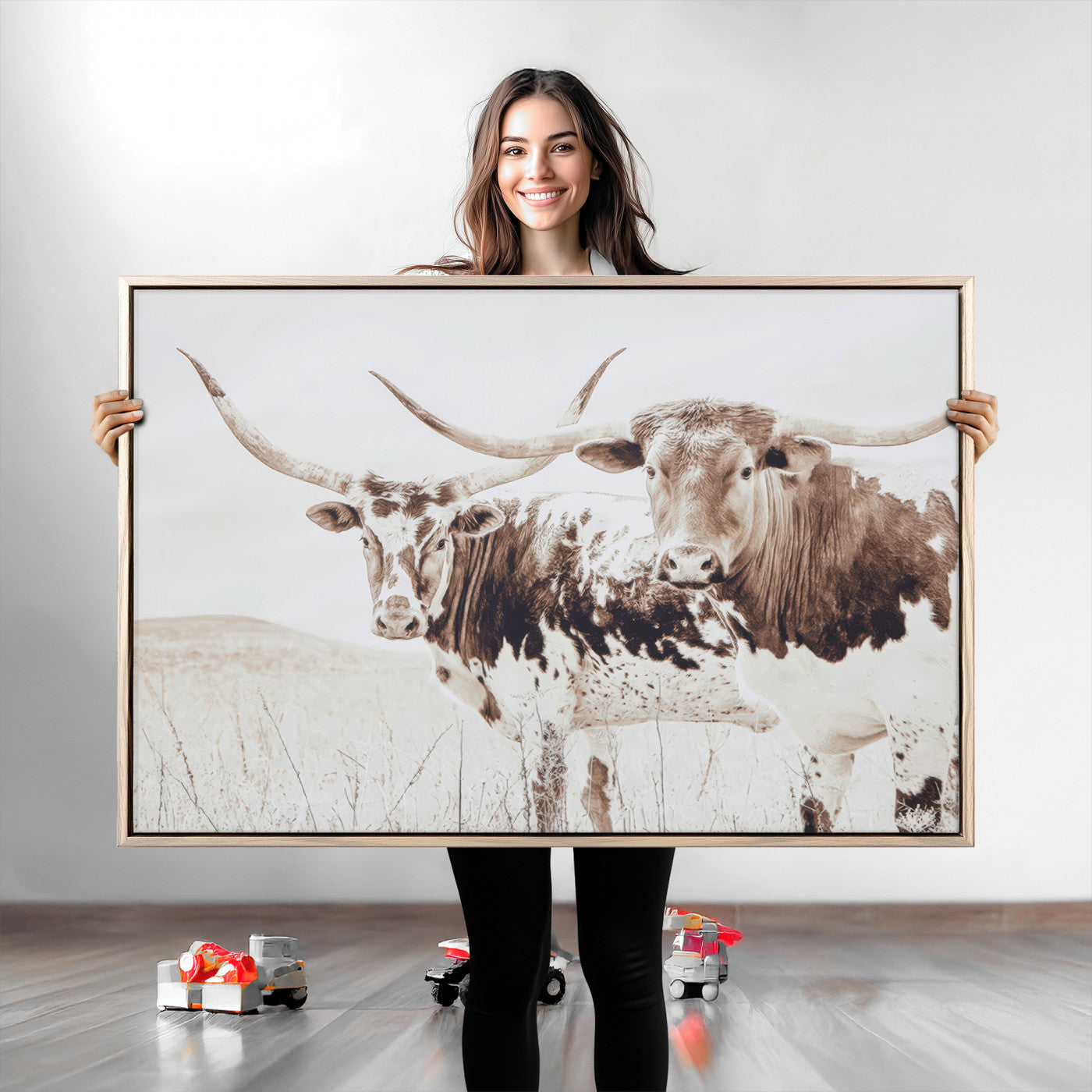 48161868-MGV-CV-36X24-Longhorn Cow Decor Wall Art Canvas Print, Framed Rustic Cattle Art Picture Print, Sepia Western Vibe Perfect Neutral Rustic