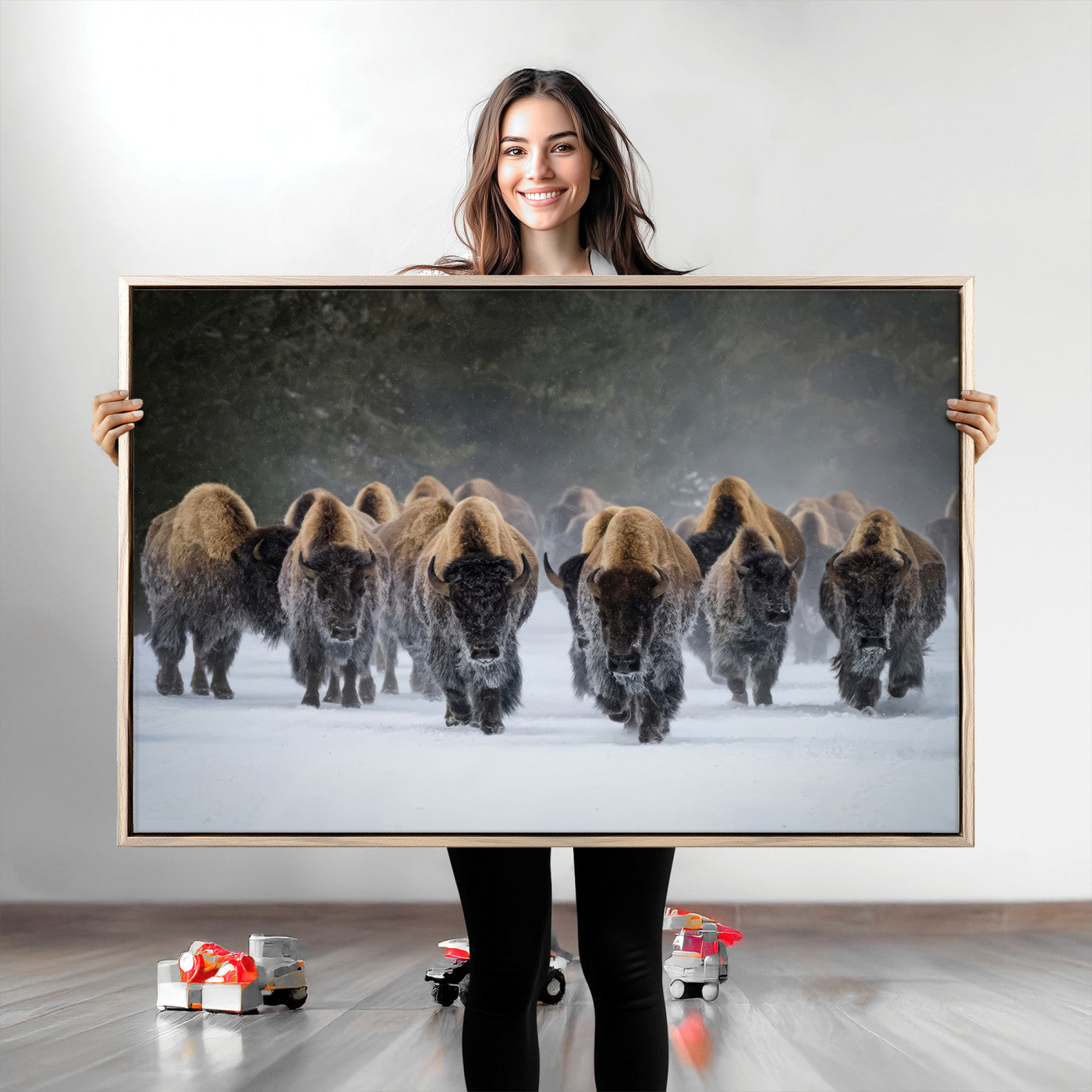 41669135-MGV-CV-36X24-Bison Herd Scene Wall Art Canvas Print, Framed Rustic Wildlife Decor Art Picture Print, Snowy Bison Landscape Perfect Rustic