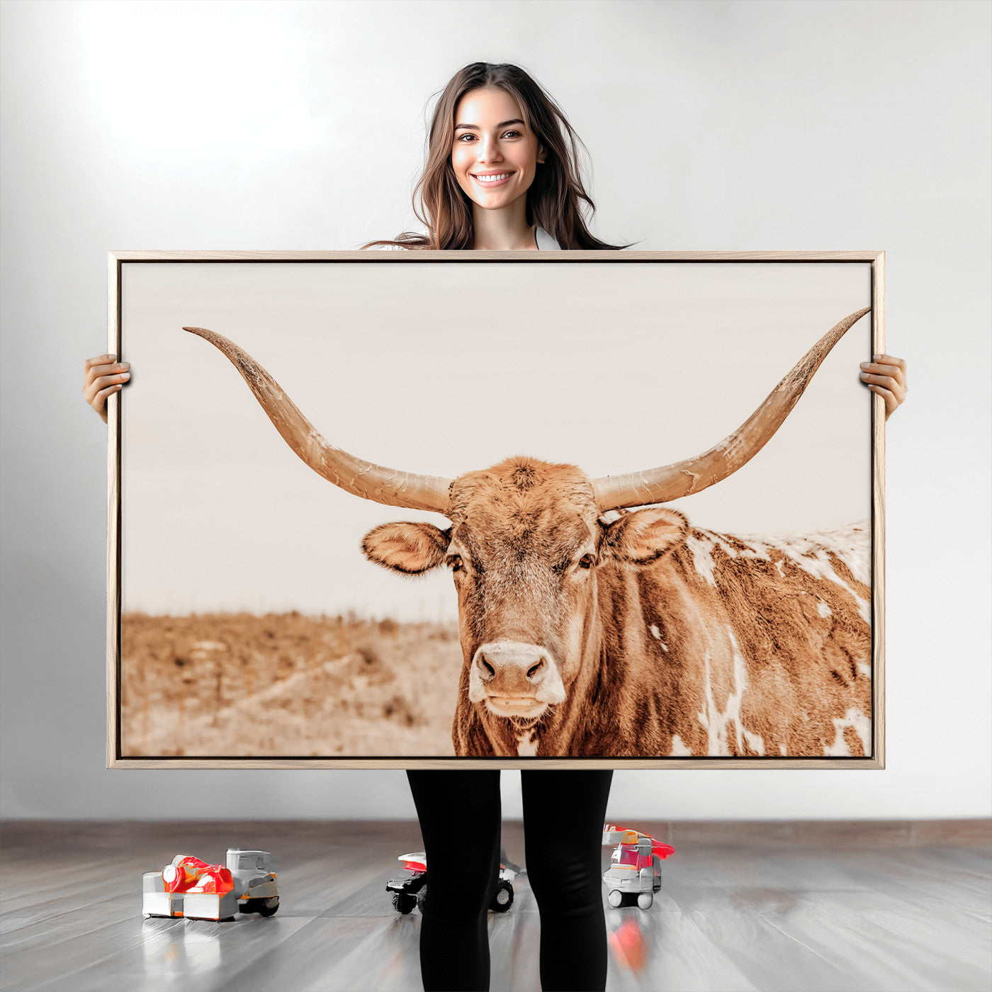74406977-MGV-CV-36X24-Longhorn Bull Decor Wall Art Canvas Print, Framed Western Cow Theme Art Picture Print, Rustic Farmhouse Wall Perfect Neutral