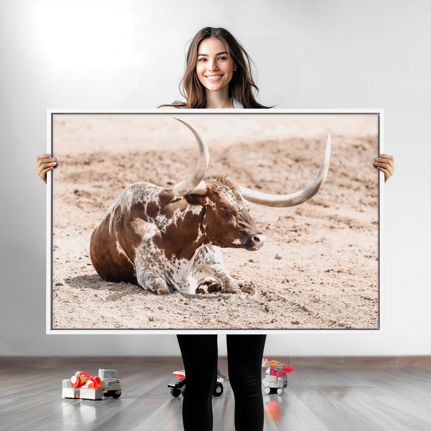 25407592-MGV-CV-36X24-Texas Longhorn Wall Art Canvas Print, Framed Resting Bull Art Picture Print, Spotted Cattle Perfect Rustic Western Decor Artwork