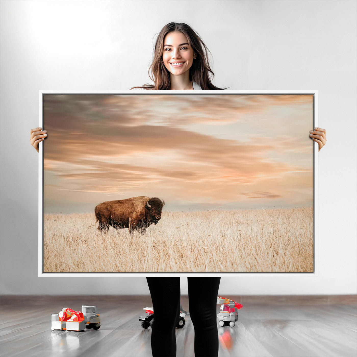 87282289-MGV-CV-36X24-Bison Wall Art Canvas Print, Framed Buffalo Art Picture Print, Western Prairie Perfect Rustic Decor Artwork