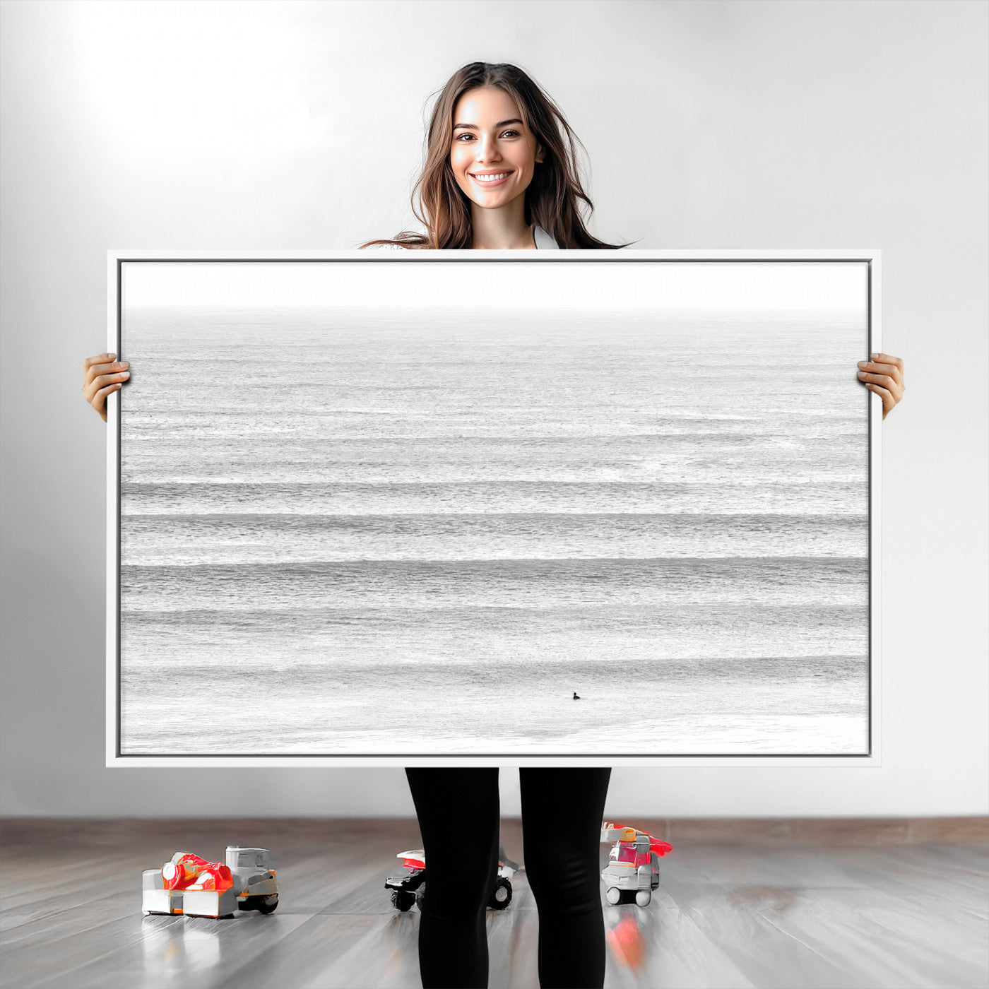 66534476-MGV-CV-36X24-Lone Surfer Wall Art Canvas Print, Framed Ocean Waves Art Picture Print, Minimal Sea Perfect Minimal Coastal Decor Artwork