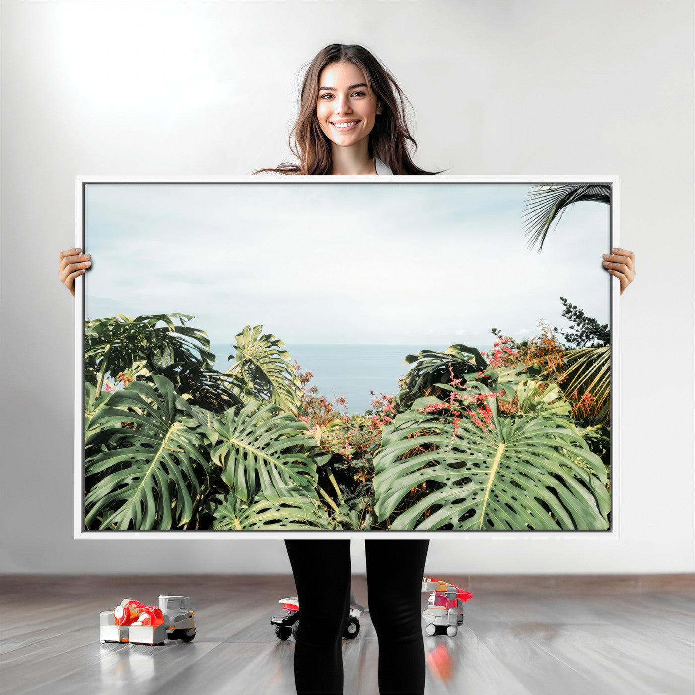 45700479-MGV-CV-36X24-Monstera Leaves Wall Art Canvas Print, Framed Tropical Ocean Art Picture Print, Tropical Foliage Perfect Tropical Coastal Jungle