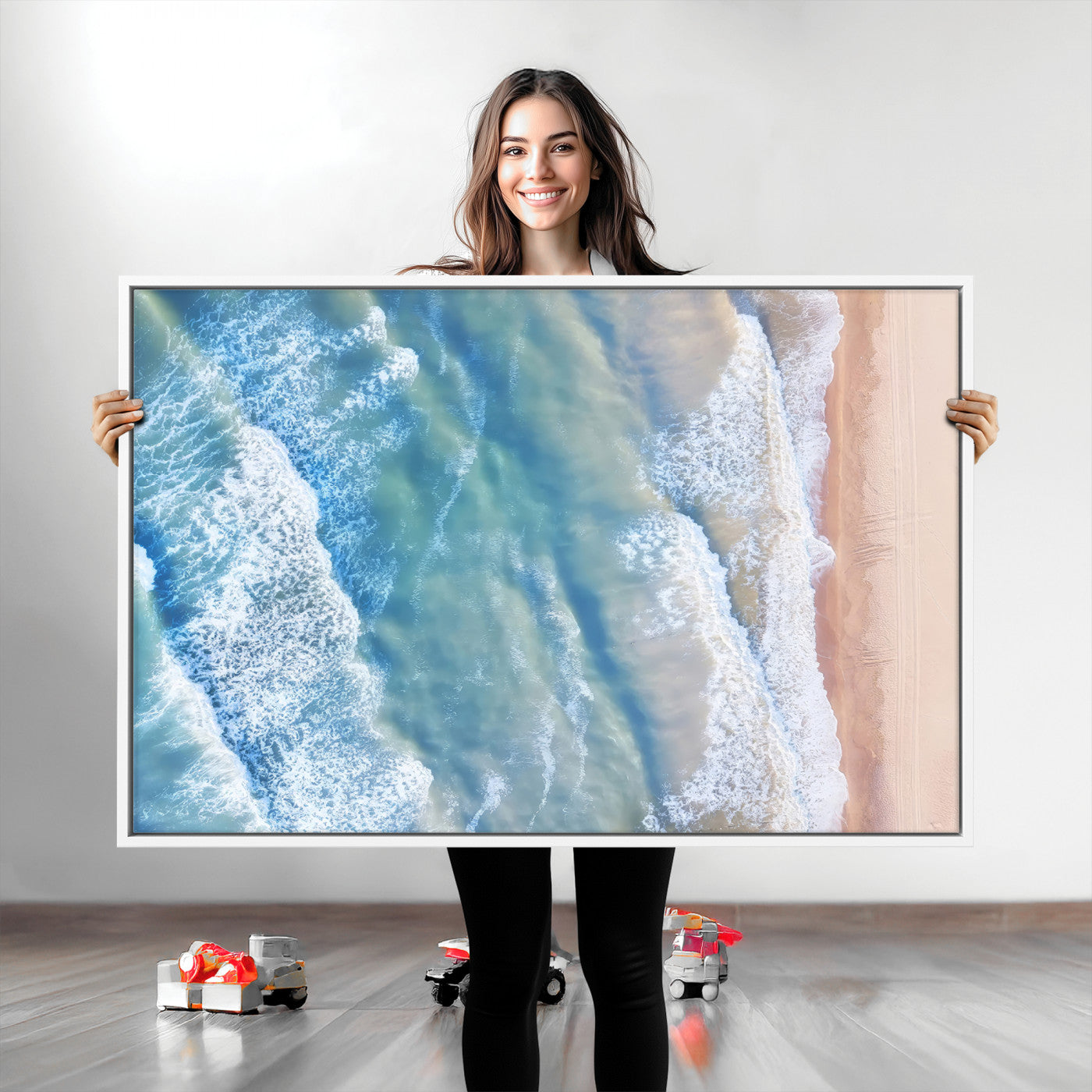 17641845-MGV-CV-36X24-Aerial Ocean Wall Art Canvas Print, Framed Blue Waves Art Picture Print, Sandy Shoreline Perfect Modern Coastal Decor Artwork