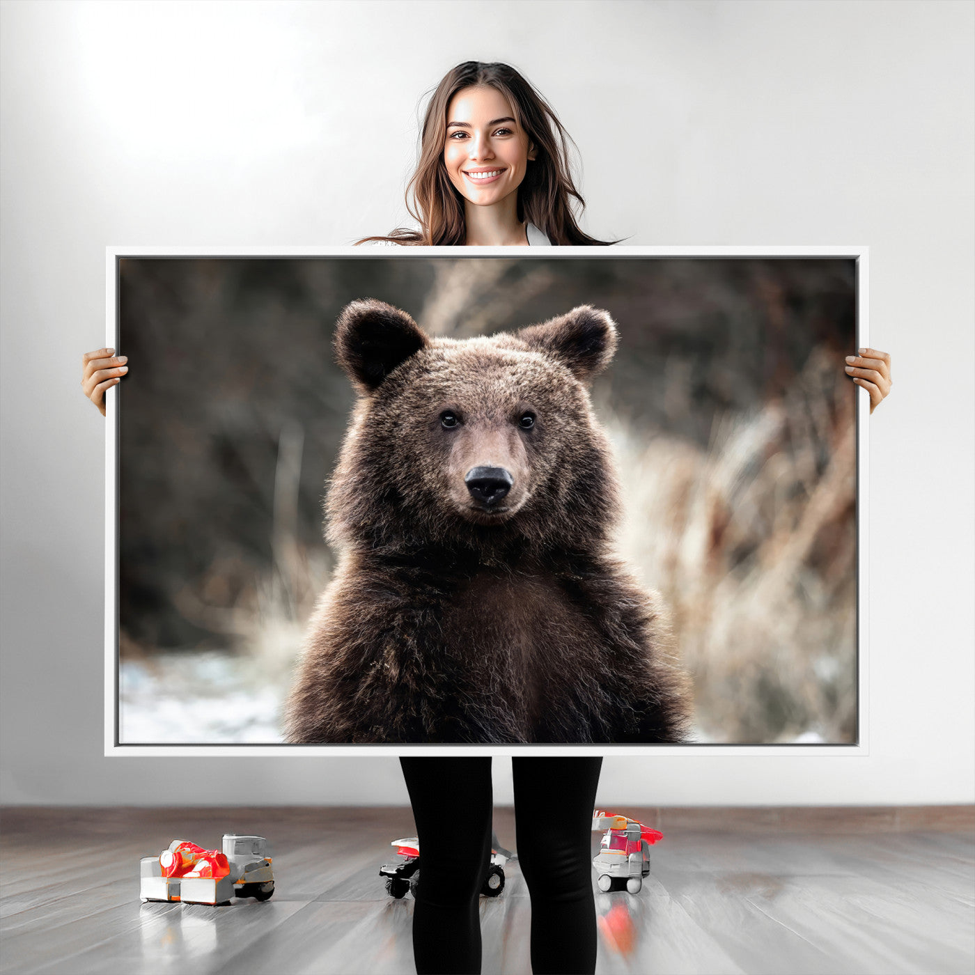 47112103-MGV-CV-36X24-Brown Bear Wall Art Canvas Print, Framed Forest Wildlife Art Picture Print, Woodland Bear Perfect Rustic Cabin Decor Artwork