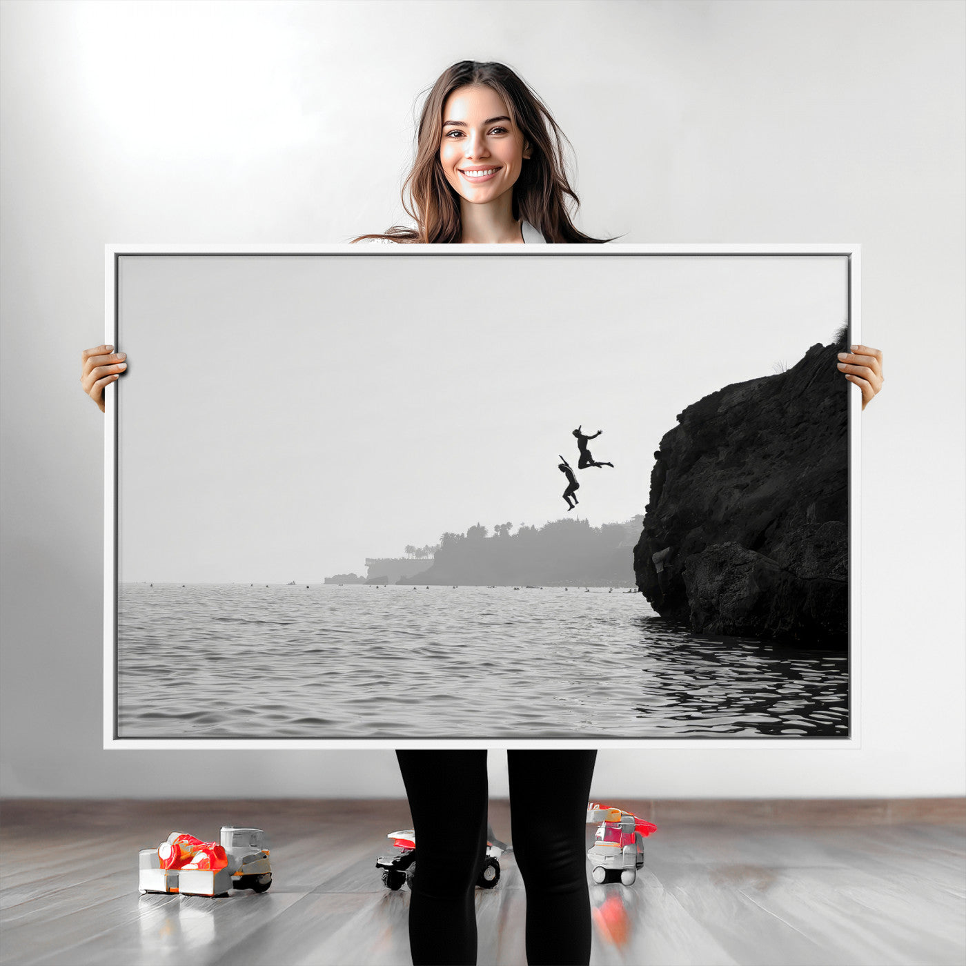 52284302-MGV-CV-36X24-Cliff Jumping Wall Art Canvas Print, Framed Ocean Adventure Art Picture Print, Black White Coast Perfect Modern Coastal Decor