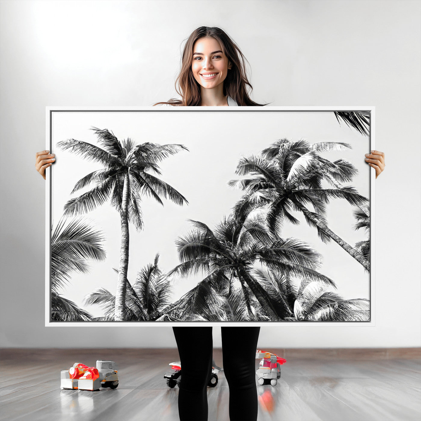 46641801-MGV-CV-36X24-Palm Tree Wall Art Canvas Print, Framed Black White Tropics Art Picture Print, Monochrome Palms Perfect Modern Tropical Minimalist