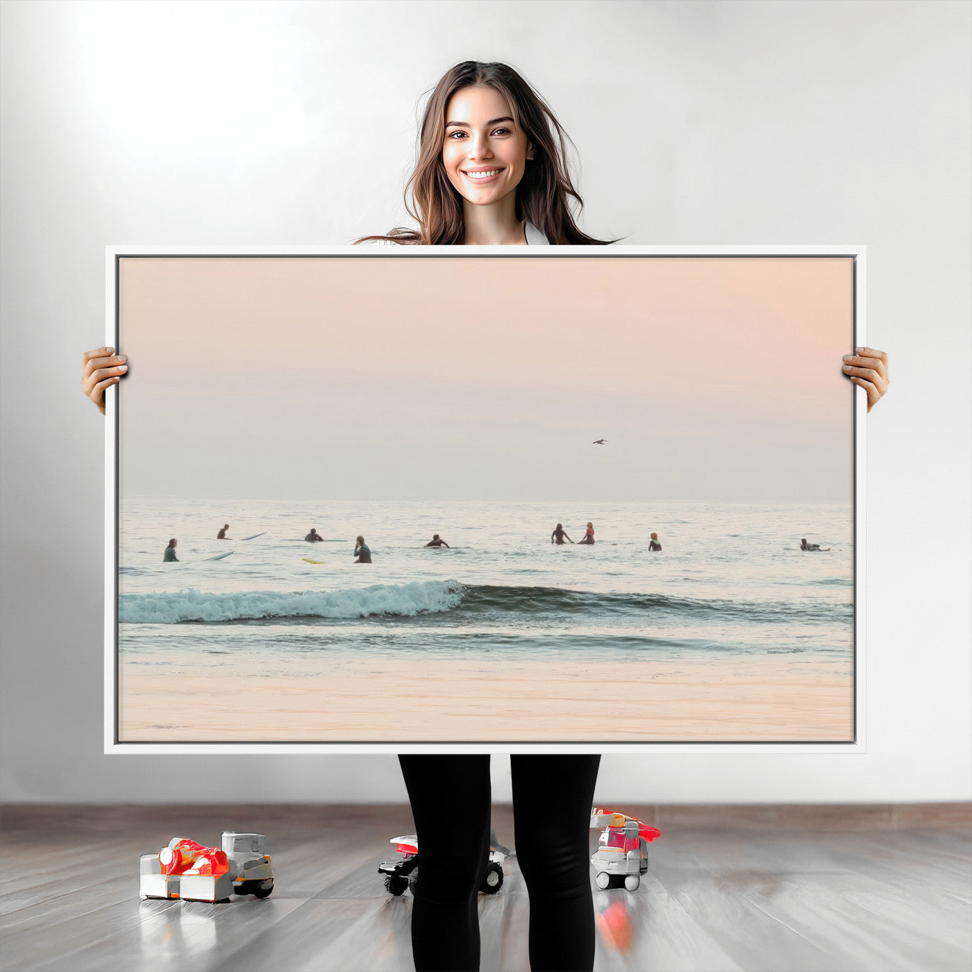 98888919-MGV-CV-36X24-Pastel Ocean Wall Art Canvas Print, Framed Soft Sunset Swimming Art Picture Print, Calm Sea Horizon Perfect Soft Coastal