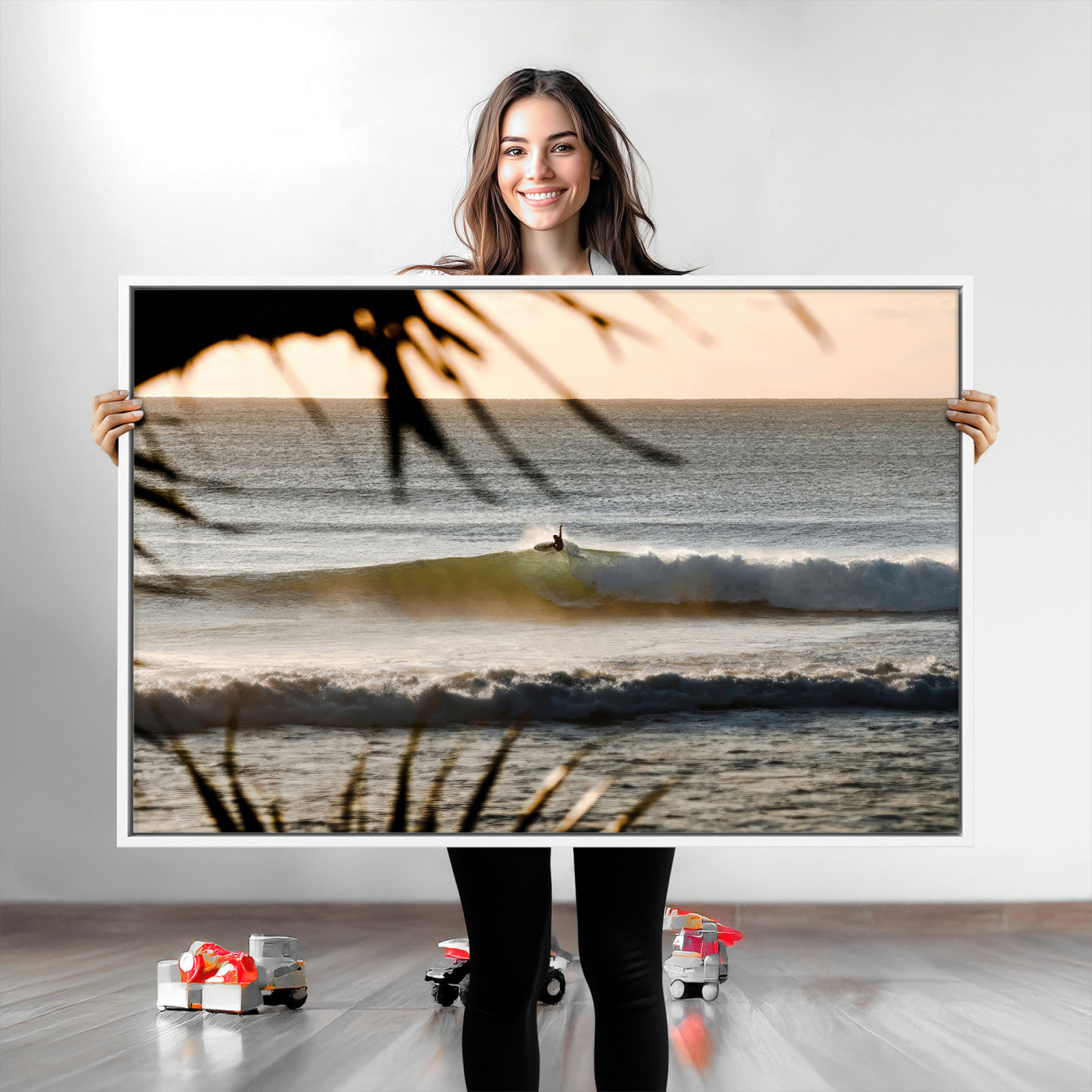 24896468-MGV-CV-36X24-Sunset Surf Wall Art Canvas Print, Framed Golden Waves Art Picture Print, Tropical Ocean Perfect Tropical Boho Decor Artwork