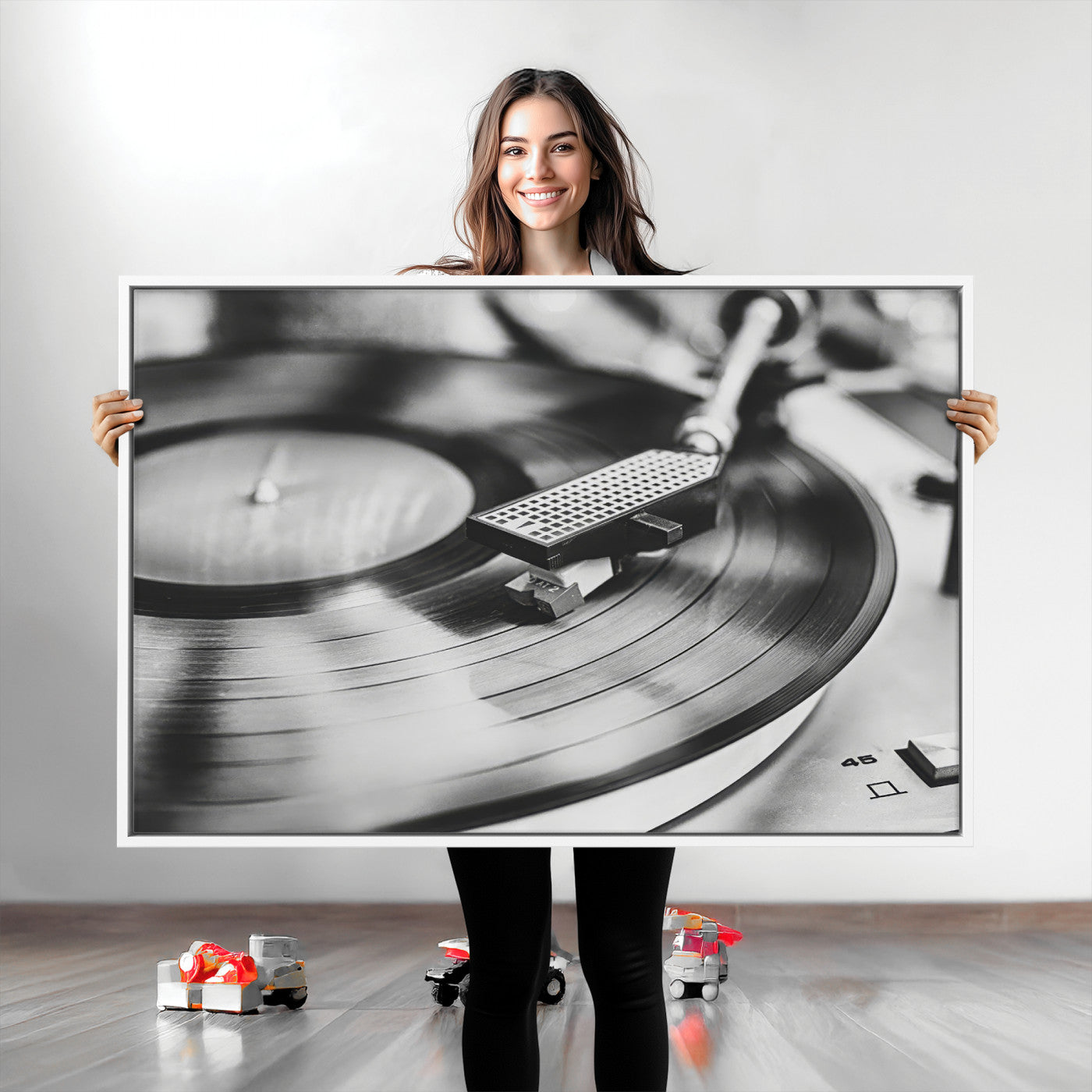 41253898-MGV-CV-36X24-Vinyl Record Wall Art Canvas Print, Framed Turntable Close Art Picture Print, Retro Vibes Perfect Vintage Industrial Decor Artwork