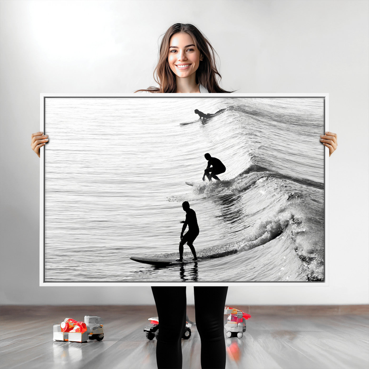 19875284-MGV-CV-36X24-Surfer Waves Wall Art Canvas Print, Framed Black White Surf Art Picture Print, Monochrome Ocean Perfect Modern Coastal Decor